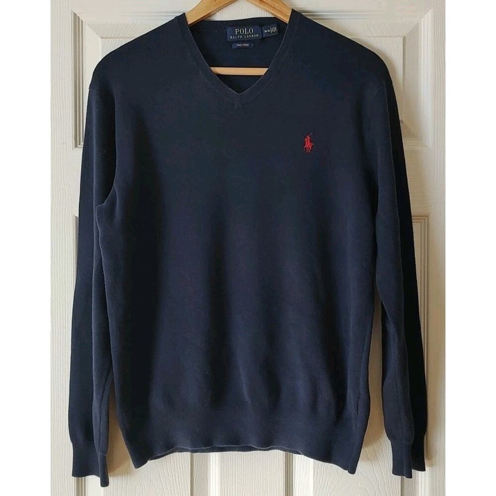 Men's Polo Ralph Lauren V Neck Sweater Pima Cotton Navy Blue - Medium
